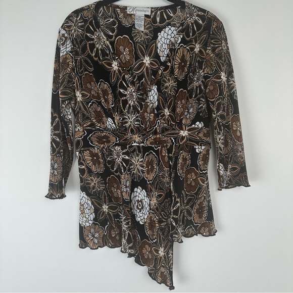 Dress Barn Top Size Medium Brown Y2K Babydoll Hippie Asymmetrical Floral - Picture 1 of 7